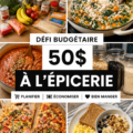 Femme souriante montrant son budget alimentaire de 50 $ avec des courses saines.