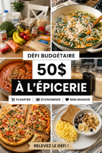 Femme souriante montrant son budget alimentaire de 50 $ avec des courses saines.