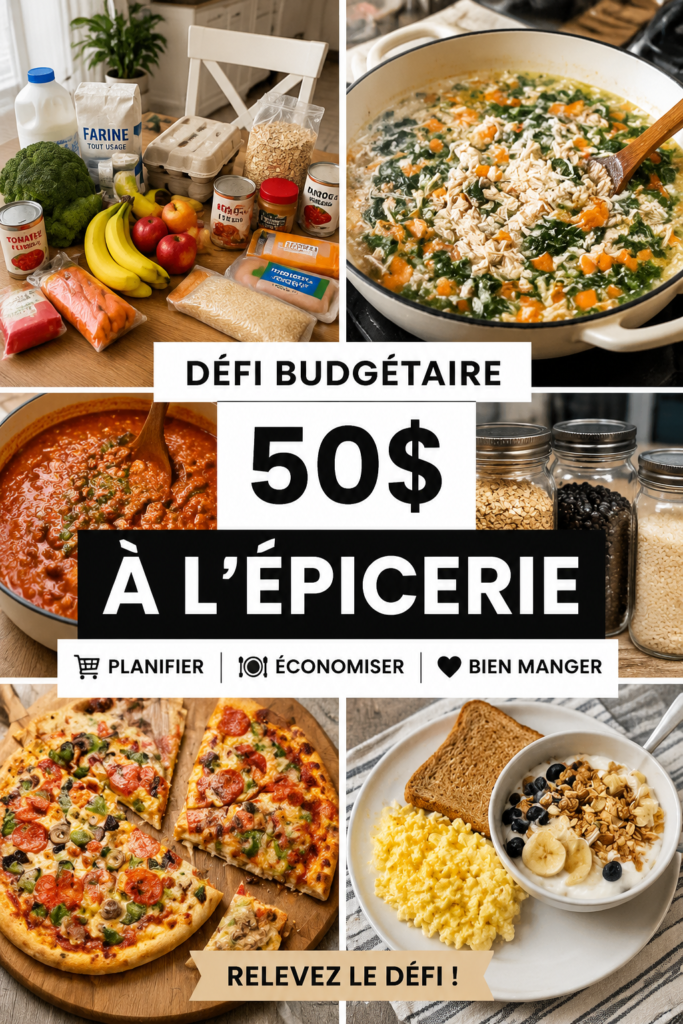 Femme souriante montrant son budget alimentaire de 50 $ avec des courses saines.