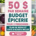 Une femme souriante faisant ses courses tout en tenant une liste de budget courses dans le magasin.