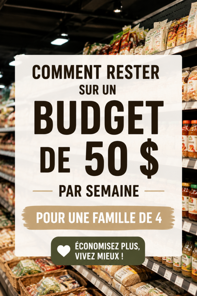Image d'une famille faisant leurs courses avec un budget défini, entourée de produits alimentaires abordables.
