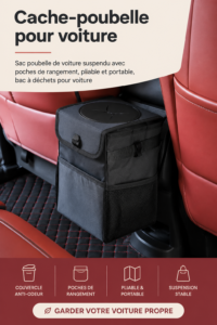 Cache-poubelle pour voiture suspendu dans un véhicule, illustrant sa praticité et son design.