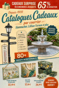 Un catalogue de cadeaux ouverts sur une table, présentant diverses options de cadeaux.