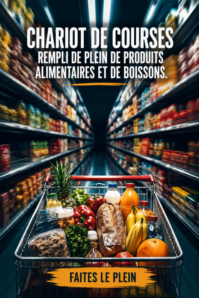 Chariot de courses rempli de produits frais et variés dans un supermarché