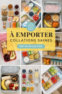 Assortiment de collations saines à emporter dans des contenants pratiques.