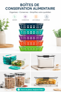 Contenants alimentaires de différentes tailles en verre et plastique pour le stockage.