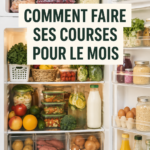 Femme souriante, tenant une liste de courses dans un supermarché.