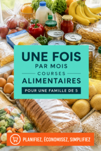 Une femme souriante faisant ses courses au supermarché avec un caddie plein.