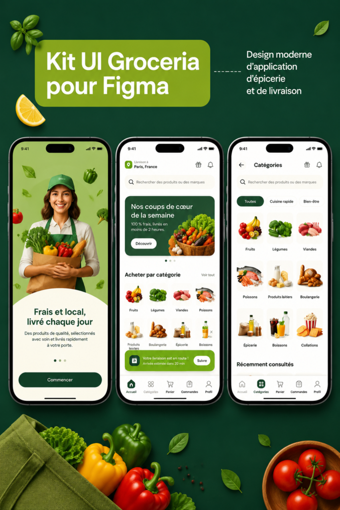 Capture d'écran d'un design moderne d'application de livraison de courses sur Figma