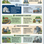 Illustration montrant les contrastes entre la vie en milieu urbain et rural en matière de santé.