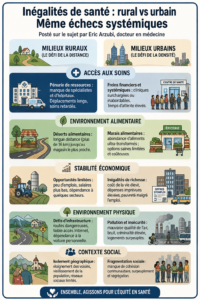 Illustration montrant les contrastes entre la vie en milieu urbain et rural en matière de santé.