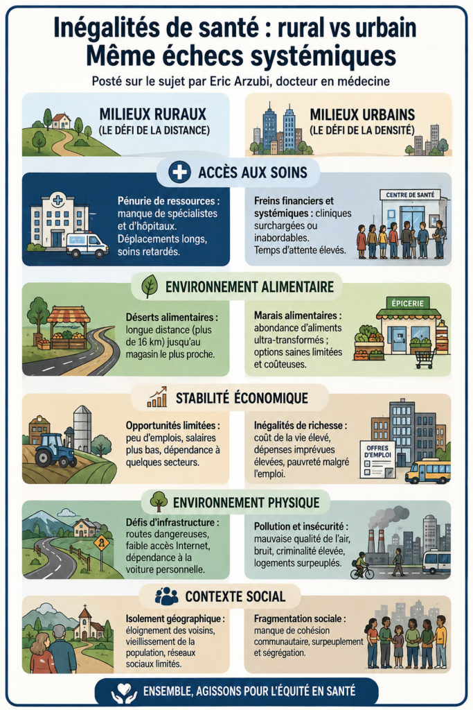 Illustration montrant les contrastes entre la vie en milieu urbain et rural en matière de santé.