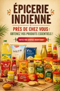 Étagère dans une épicerie indienne avec des épices et des produits alimentaires variés.