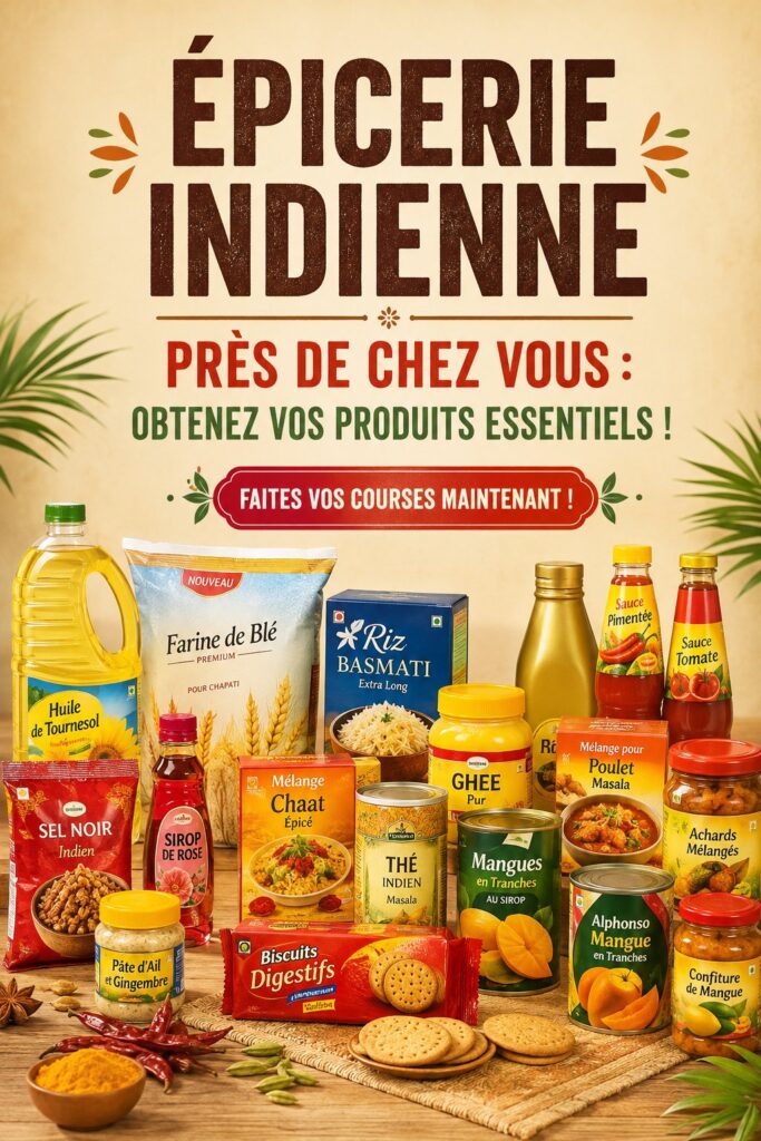 Étagère dans une épicerie indienne avec des épices et des produits alimentaires variés.