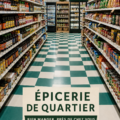 Épicerie locale avec des fruits et légumes frais sur les étagères.