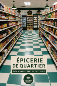 Épicerie locale avec des fruits et légumes frais sur les étagères.