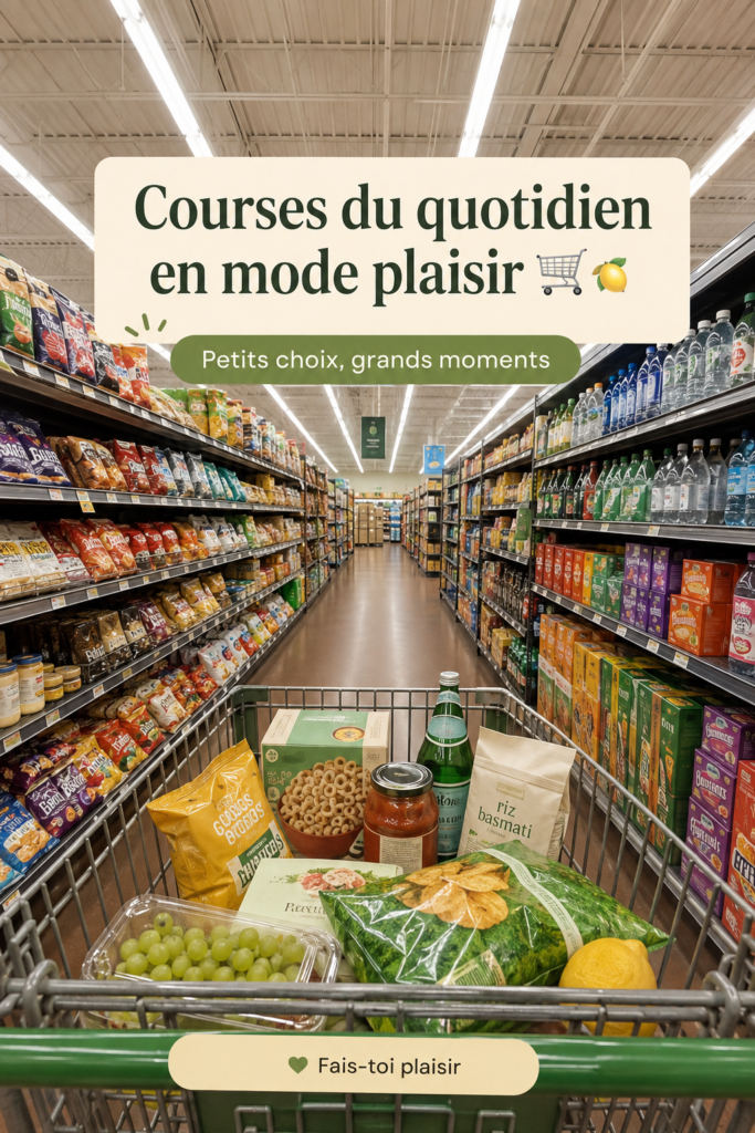 Panier de courses décoré avec des aliments bien disposés et esthétiques.