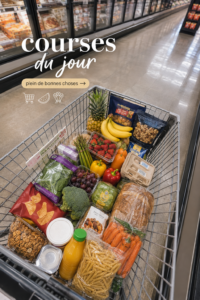 Image d'une femme faisant ses courses au supermarché avec un caddie bien rempli.