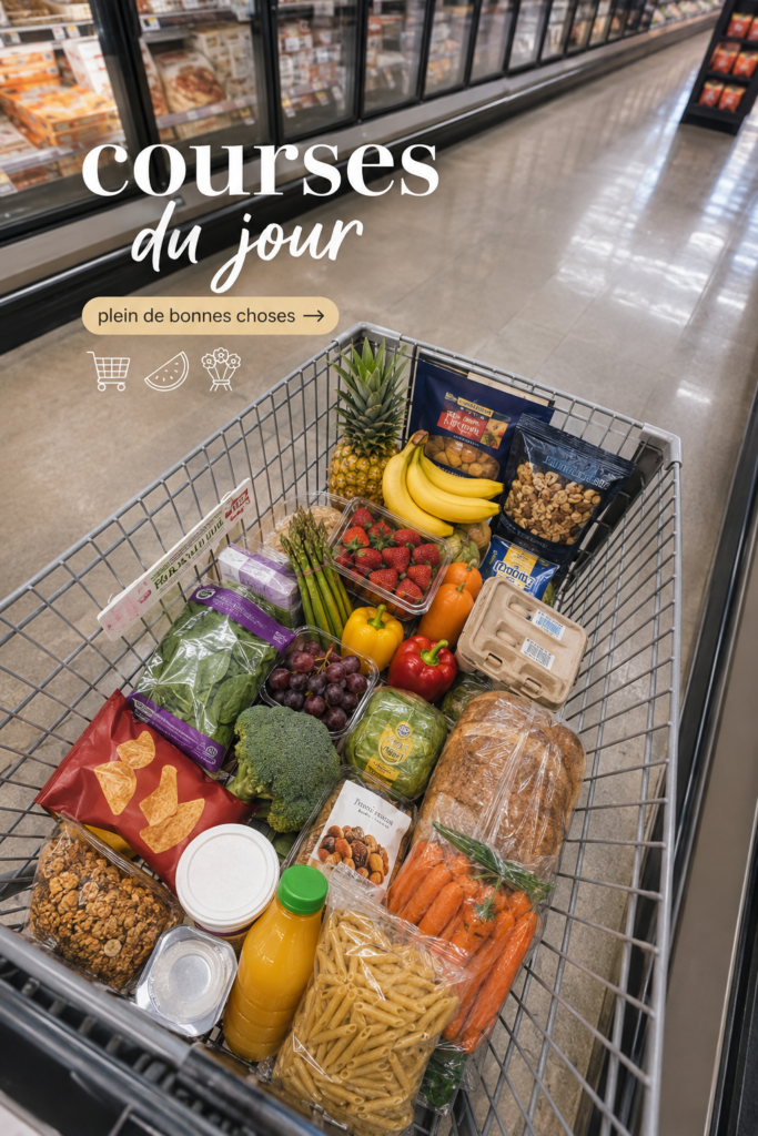 Image d'une femme faisant ses courses au supermarché avec un caddie bien rempli.