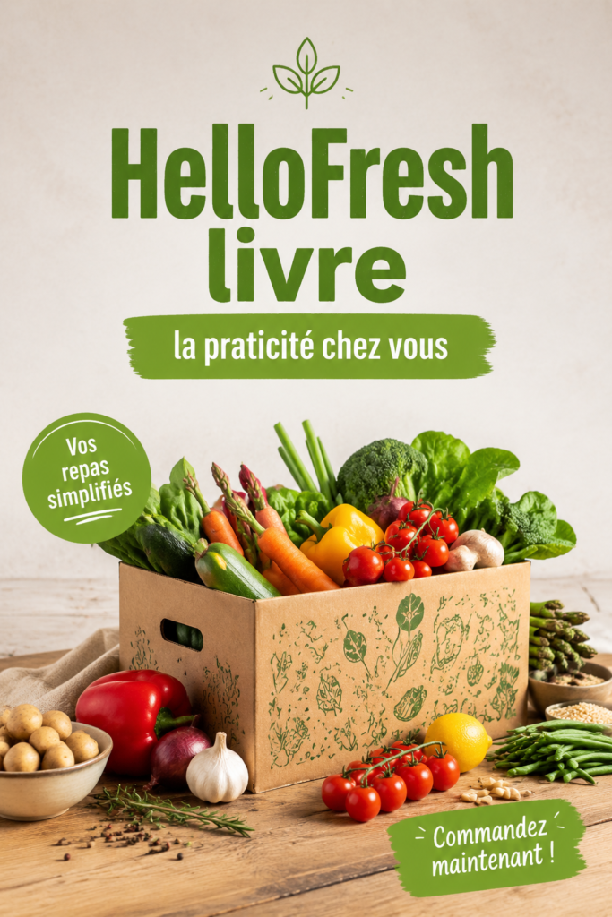 Boîte HelloFresh contenant des ingrédients frais pour préparer des repas à la maison.