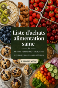 Une liste de courses saine avec des fruits et légumes frais.