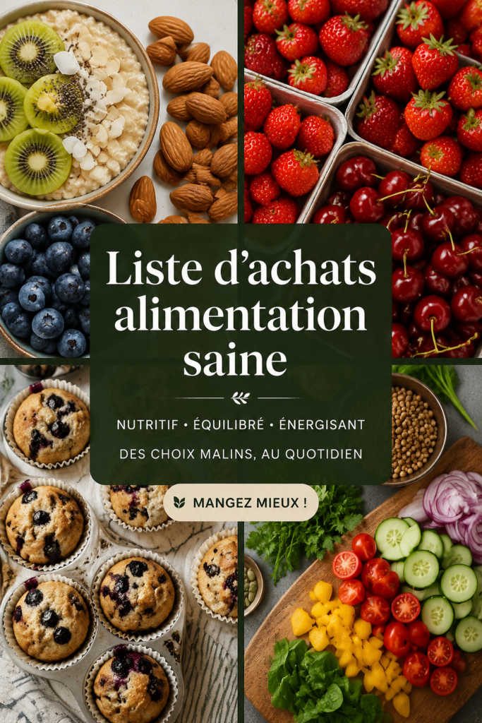 Une liste de courses saine avec des fruits et légumes frais.