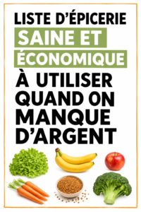 Illustration d'une femme regardant une liste de courses saines et économiques dans un magasin.