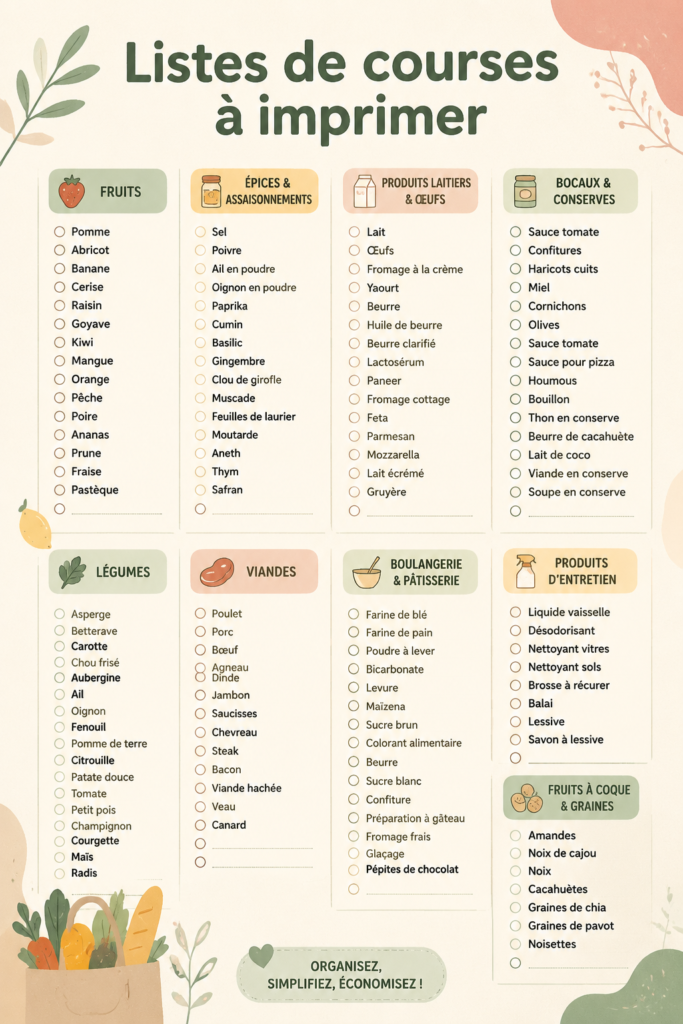 Femme utilisant une liste de courses imprimable pour faire ses courses.
