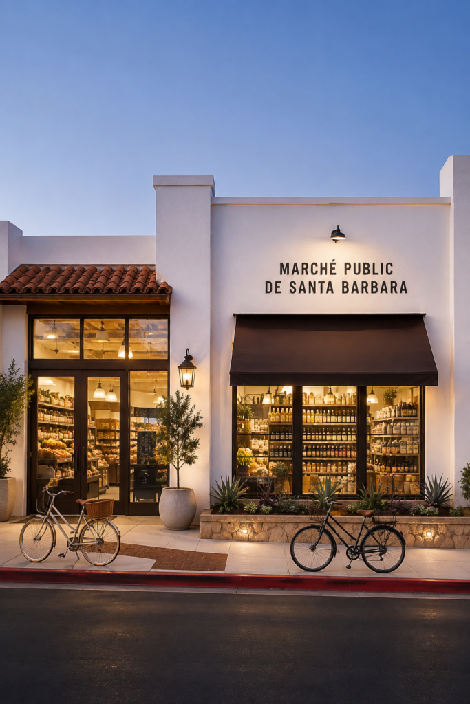 Vue du marché public de Santa Barbara avec des étals de produits locaux