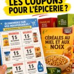 Femme souriante tenant des coupons de réduction pour les courses, entourée de produits alimentaires.