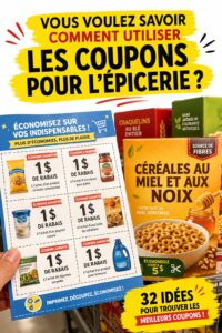 Femme souriante tenant des coupons de réduction pour les courses, entourée de produits alimentaires.
