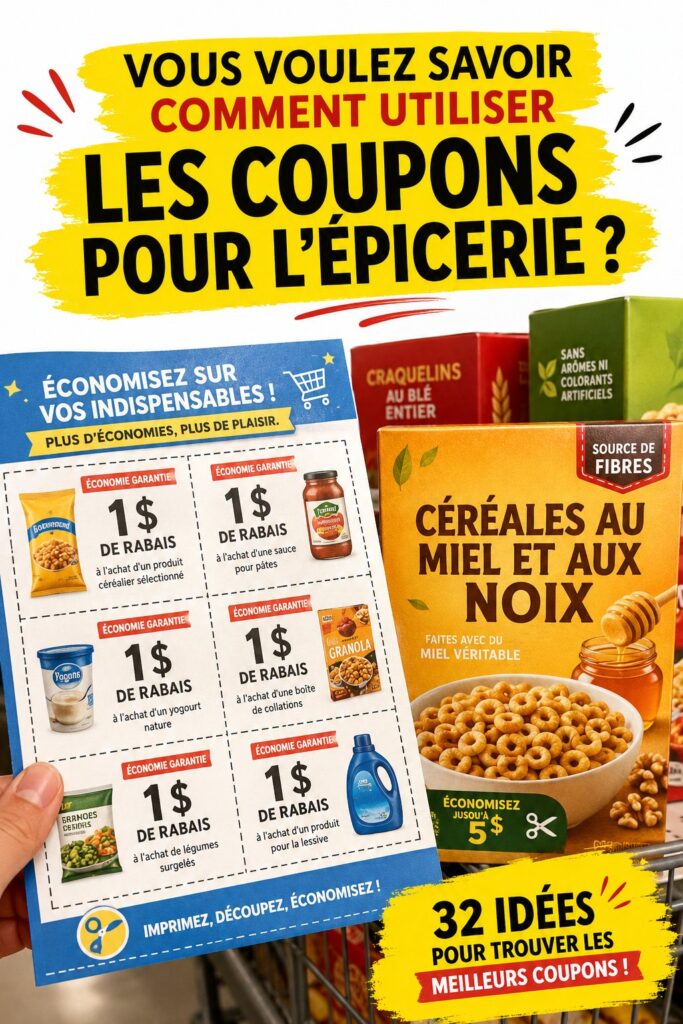 Femme souriante tenant des coupons de réduction pour les courses, entourée de produits alimentaires.