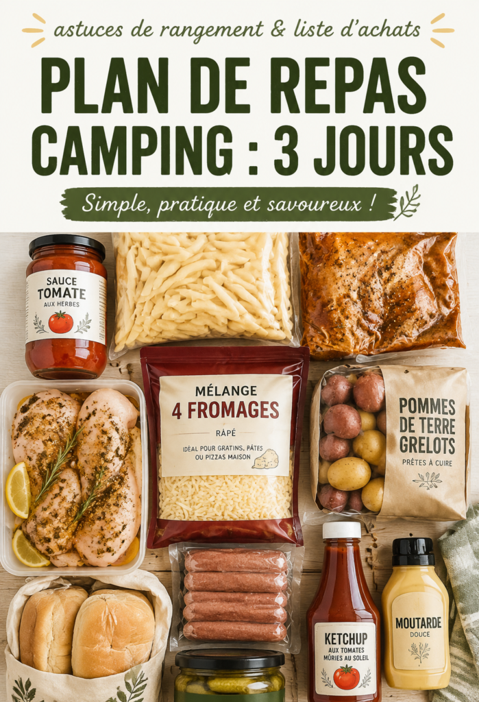 Plan repas pour un camping de 3 jours avec plats simples et savoureux.