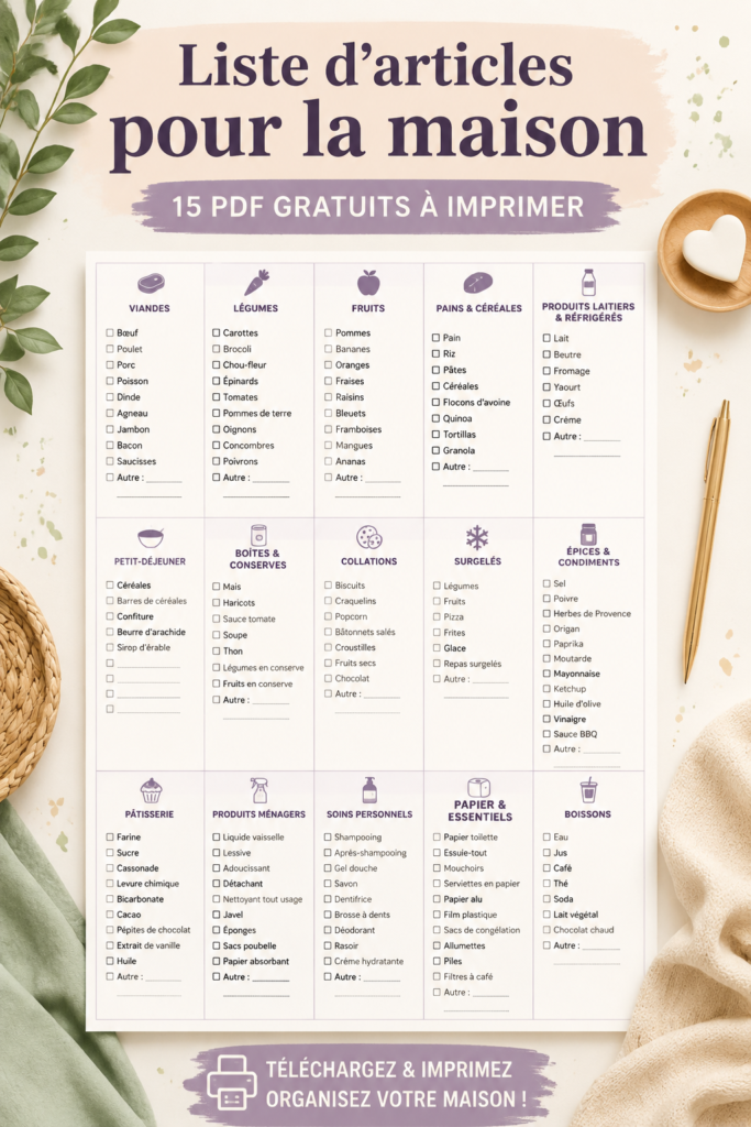 Affiche d'une sélection d'imprimables gratuits pour objets ménagers