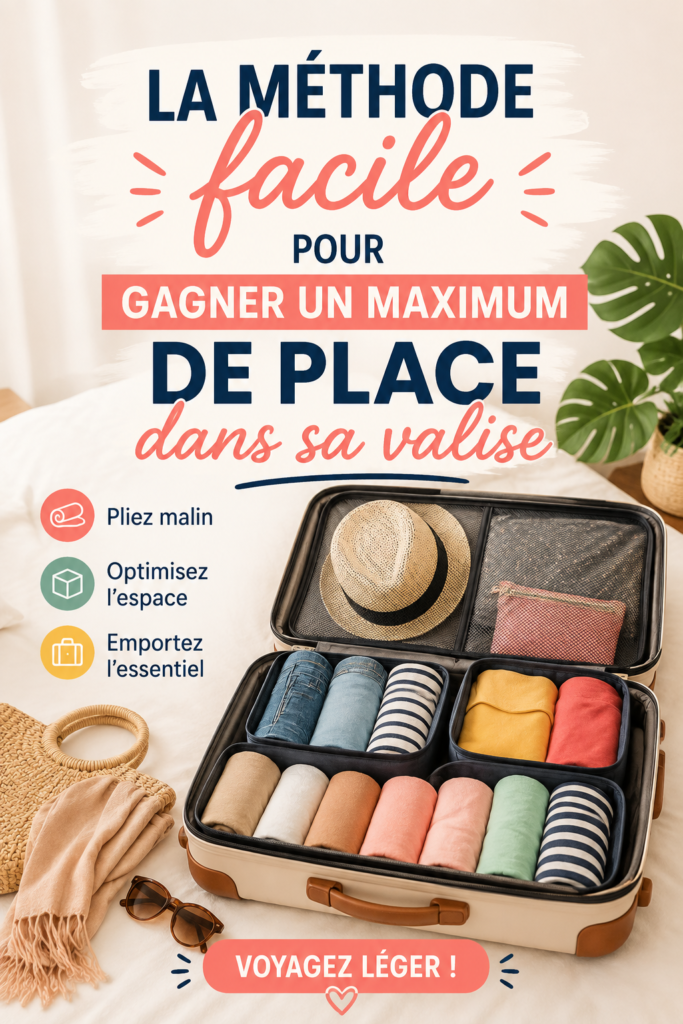 Femme préparant une valise avec des vêtements bien pliés et organisés