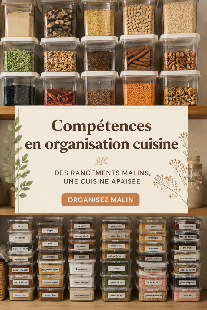 Cuisine moderne organisée avec des rangements pratiques et esthétiques.
