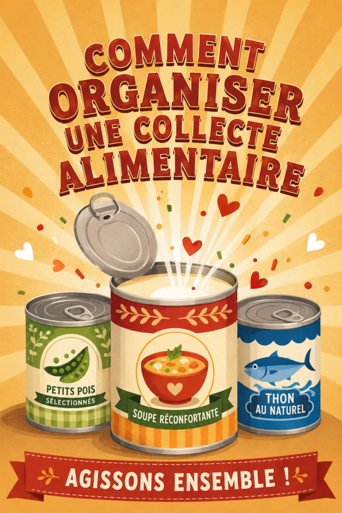 Collecte alimentaire organisée avec des bénévoles souriants au sein de la communauté