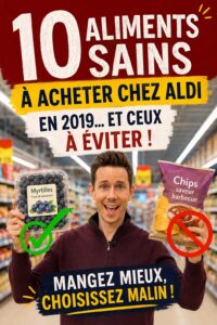 Produits sains et équilibrés présentés sur une table après une course chez Aldi.