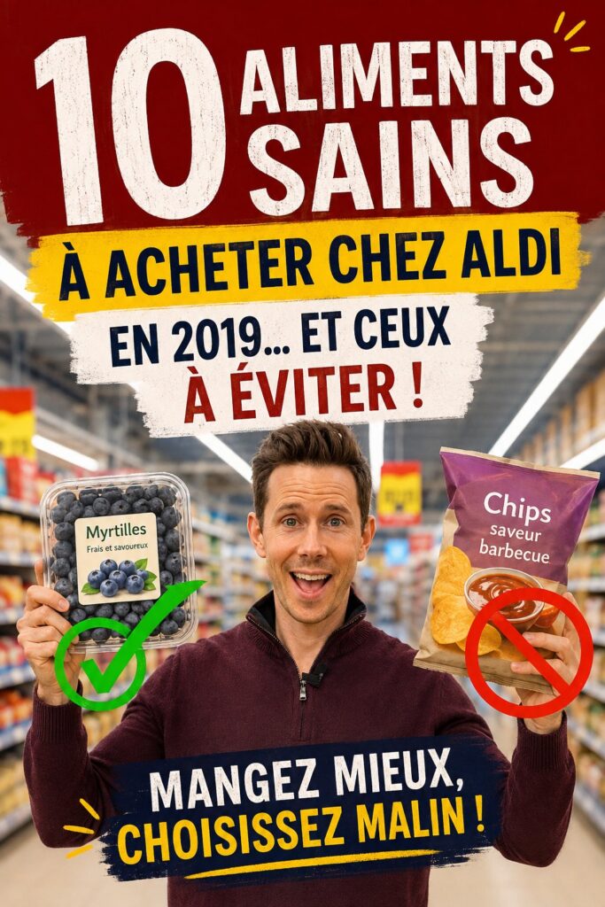 Produits sains et équilibrés présentés sur une table après une course chez Aldi.