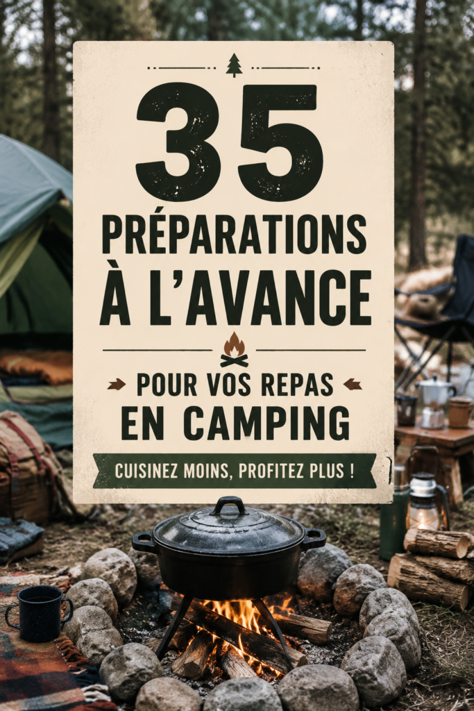 Plats préparés avant un voyage de camping, réunis sur une table, illustre les recettes faciles à emporter.
