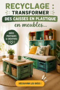 Caisses en plastique transformées en meubles créatifs dans un intérieur chaleureux.