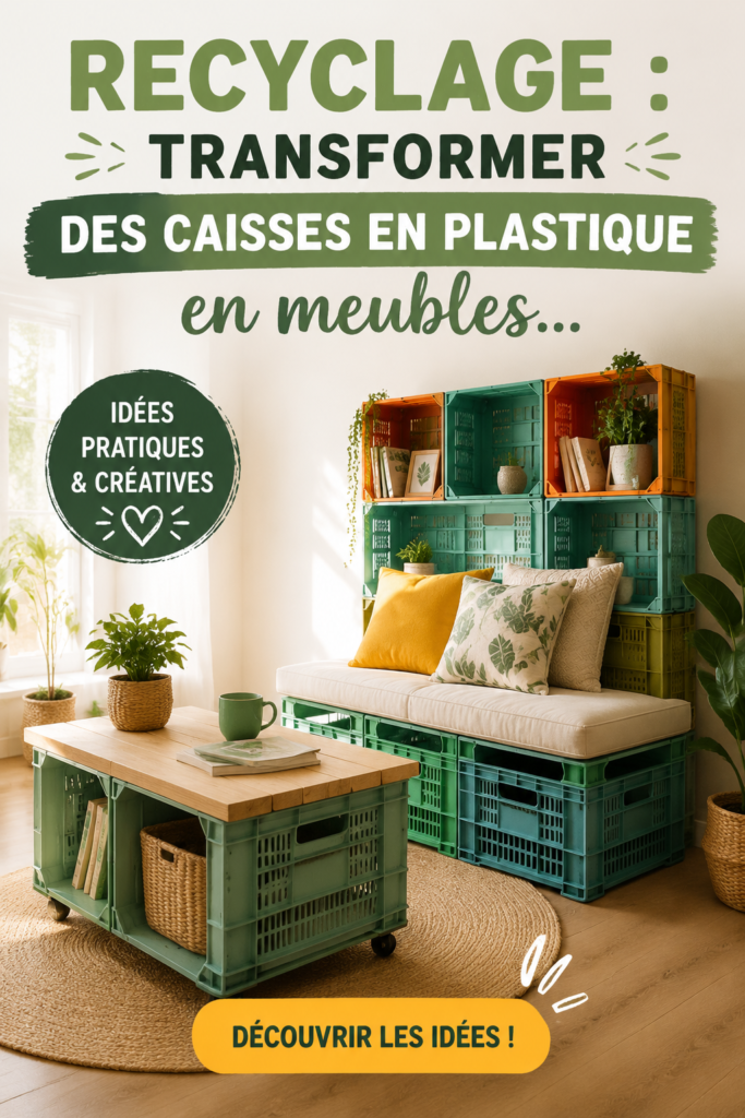 Caisses en plastique transformées en meubles créatifs dans un intérieur chaleureux.