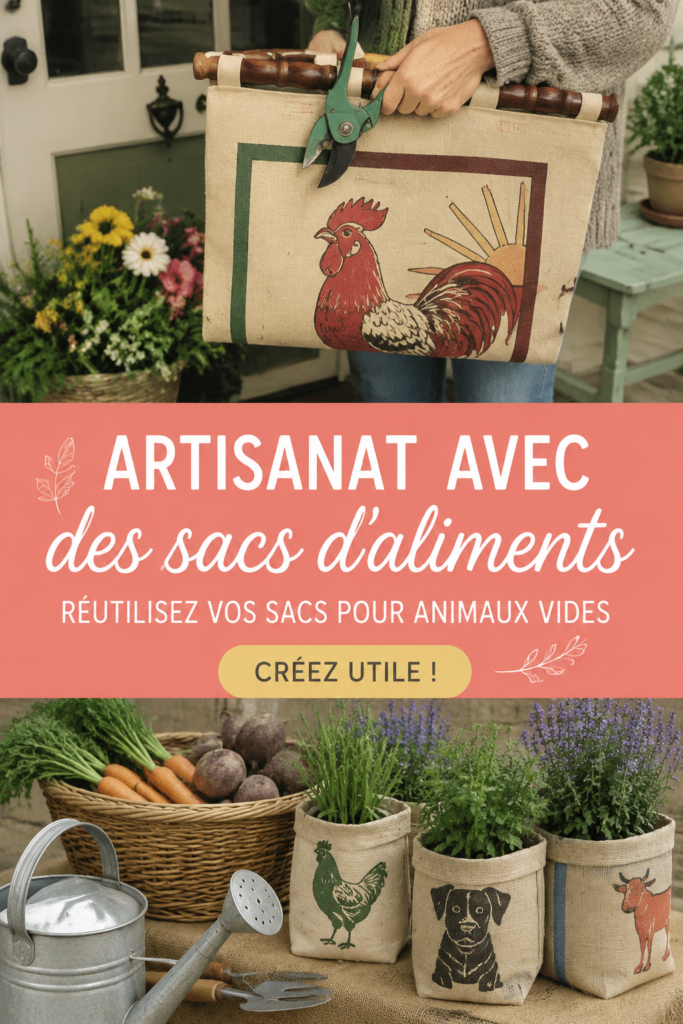 Objets pratiques et décoratifs créés à partir de sacs de croquettes recyclés.