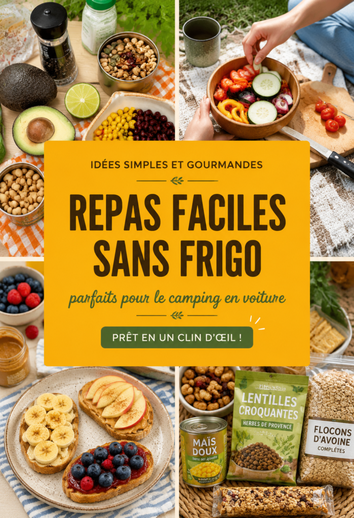 Assiette de repas de camping pratique sans réfrigérateur avec des légumes et des protéines.