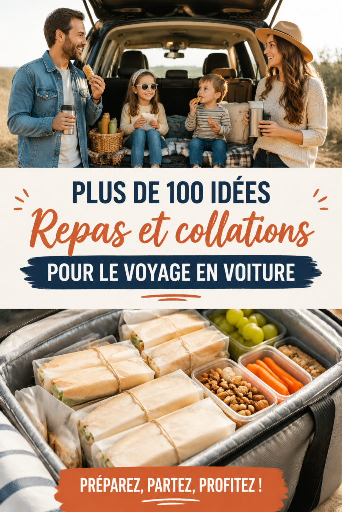 Plateau avec des repas et collations saines pour un road trip familial.