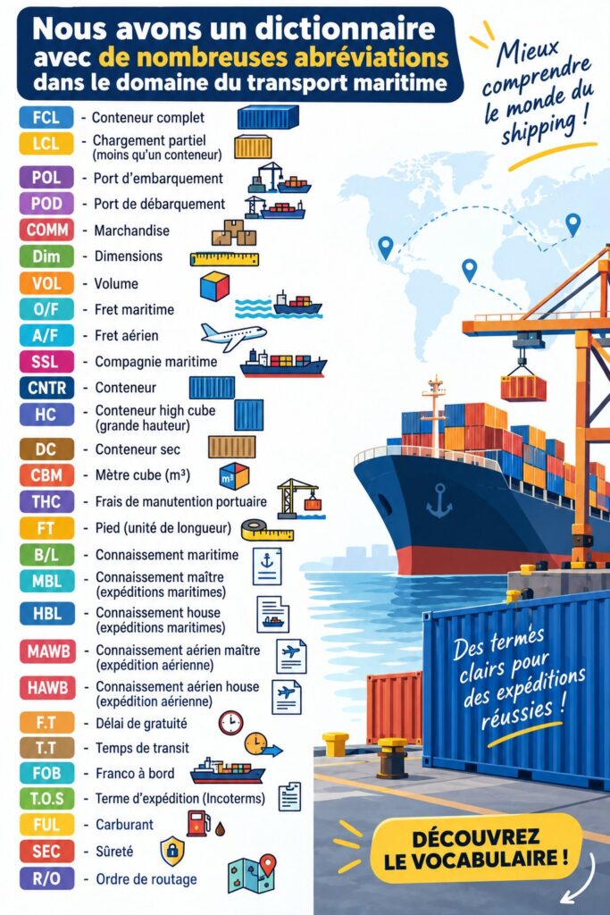 Un tableau présentant des abréviations maritimes essentielles pour la logistique.