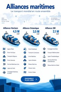 Infographie sur les alliances maritimes, illustrant leur rôle dans la logistique moderne.