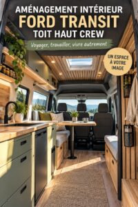 Intérieur aménagé d'un Ford Transit avec un agencement pratique et confortable