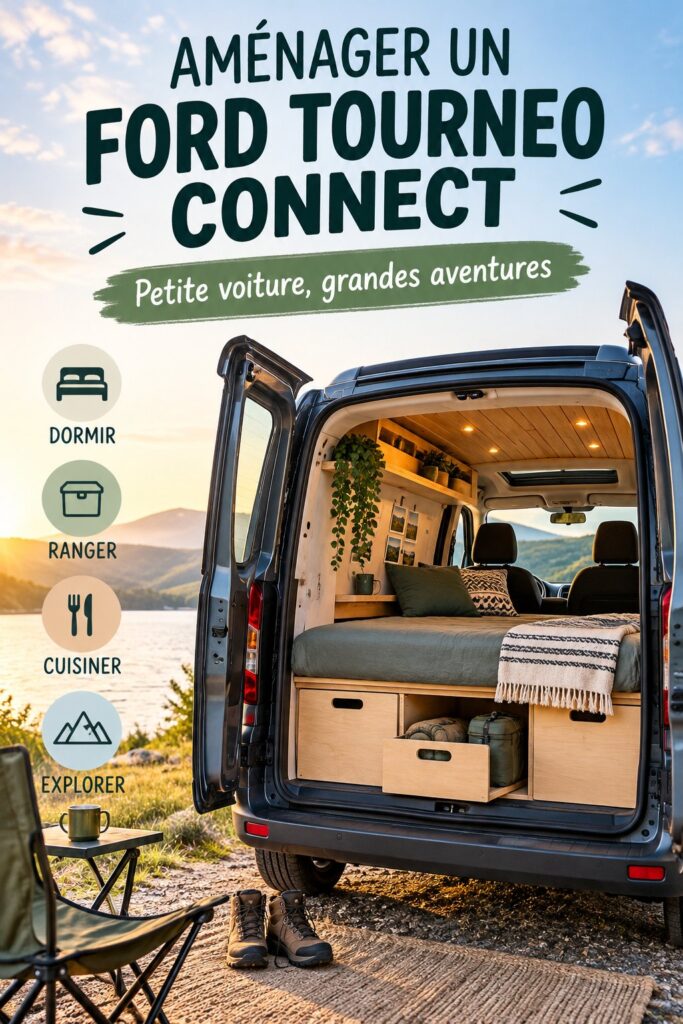 Intérieur aménagé d'un Ford Tourneo Connect pour des sorties familiales réussies.