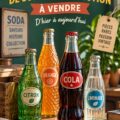Collection de bouteilles de soda vintage sur une étagère, mettant en avant leur diversité et leur charme.
